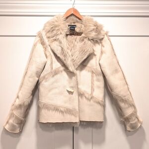 E STUDIO Women's Cream Faux Fur And Suede Shearling Penny Lane Coat Size Large